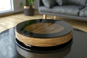 Glass table with black steel and wooden edges in living room.