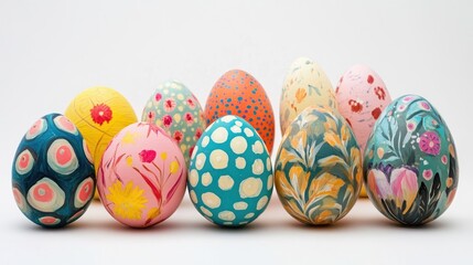 Fototapeta premium Celebrate the joyful essence of Easter through a vibrant array of colors and playful patterns on a collection of exquisitely decorated Easter eggs