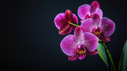 Close up of a vibrant purple and pink orchid flower against a dark background