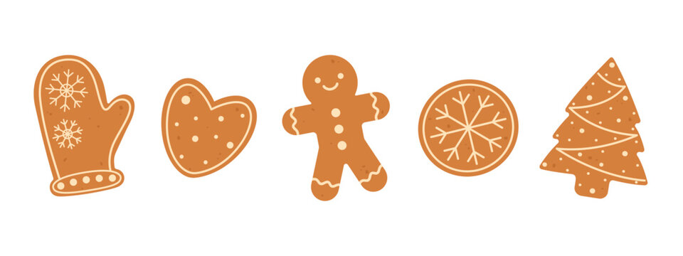 Christmas gingerbread cookies set. Winter homemade xmas sweets in shape of gingerbread man and mitten, tree and snowflake. Flat vector isolated illustration