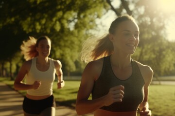 Two women running towards the camera in a park, animatedly conversing, smiling, and full of energy