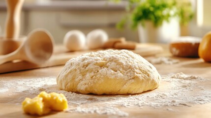 Fototapeta premium Freshly made dough for healthy baked goods and pastries on a clean kitchen table