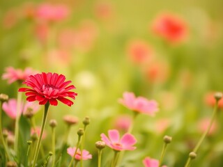 Soft red poppy flower in a tranquil meadow with a pastel color scheme, petals, outdoors