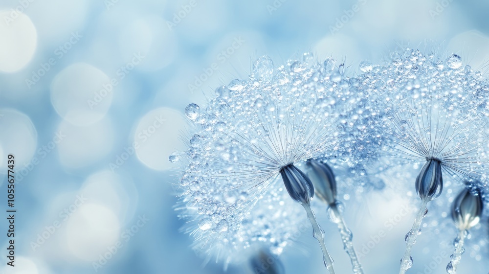 Poster dew covered dandelion parachutes resting on snow creating an abstract artistic scene with soft blue 
