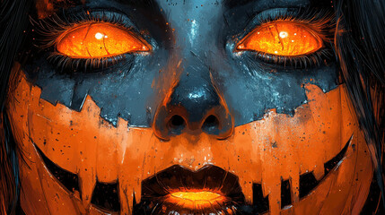 Retro halloween pinup art with glowing pumpkin jack o lantern face