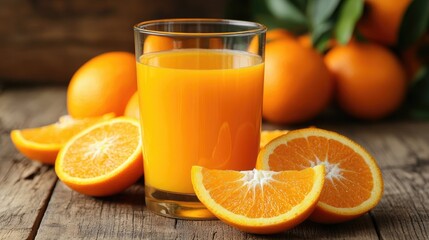 A glass of orange juice accompanied by fresh orange slices on a wooden tabletop