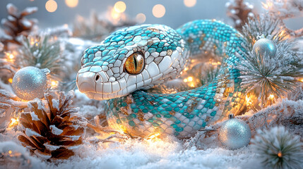 Fototapeta premium Psychedelic glittering snake in Christmas surroundings