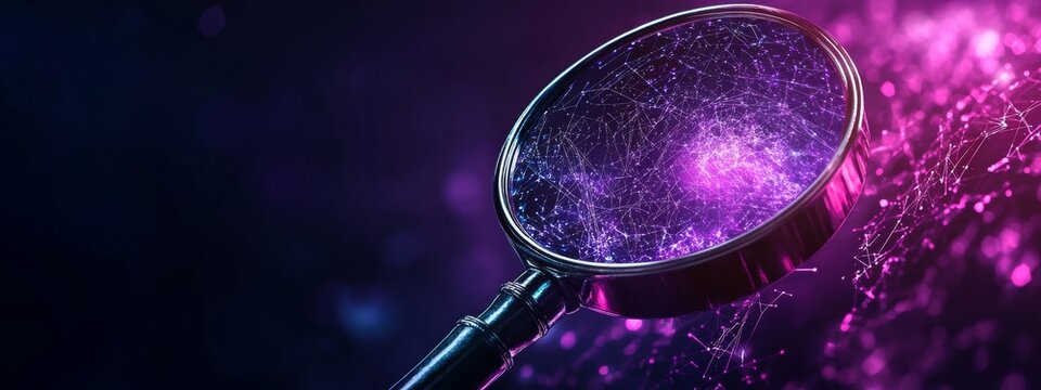 Magnifying glass examining a cyber threat and digital bug, creating a mystic vibe in dark colors
