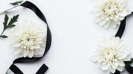 Elegant chrysanthemum blooms alongside a black ribbon on a white backdrop perfect for a sympathy card with space for personal messages