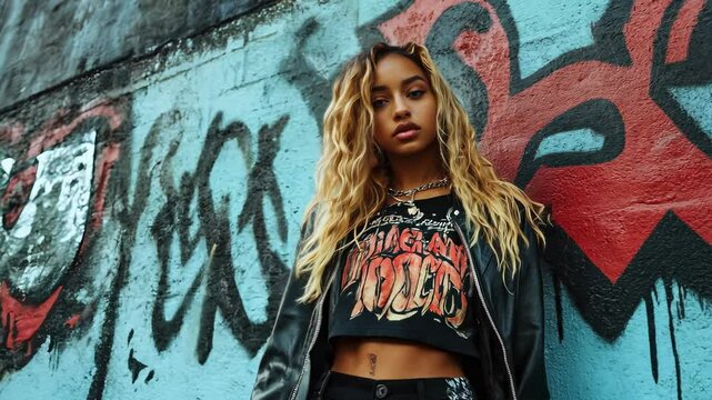 A girl wearing a leather jacket leaning on a graffiti-covered brick wall. Urban fashion shoot with a model in edgy, streetwear clothing.