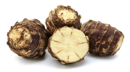 Taro root displayed on a white background