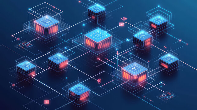 A smart contract execution visualized on a blockchain ledger, with data blocks connected in a transparent and secure system,