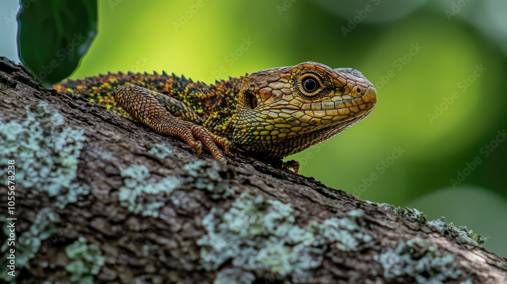 Poster close up view of a lizard resting on a tree limb