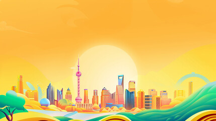 A lively cityscape with a bright yellow sky and a shining sun. The cheerful vibe makes it ideal for promotional materials, banners, and website backgrounds