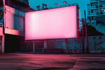 Large blank billboard glowing pink at night in an urban setting