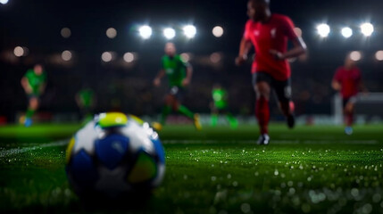 Fototapeta premium A high-energy soccer match scene, with players mid-action, vibrant green field, and a crowd cheering in the background