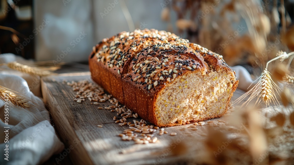 Poster homemade multi grain loaf on a wooden table decorated with seeds and surrounded by wheat straws and 