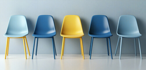 Yellow chair standing out from row of blue chairs representing diversity and uniqueness