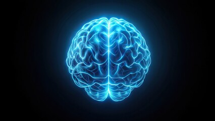 Glowing neon light brain on blue background, long shot
