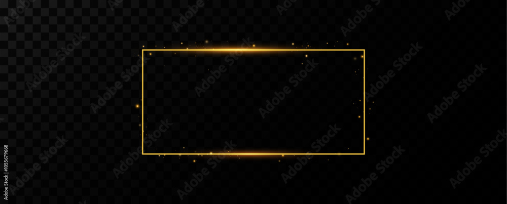 Aufkleber Golden rectangular light frame. Vector golden frame with light effects. Golden glow line frame with sparks and spotlight light effects.