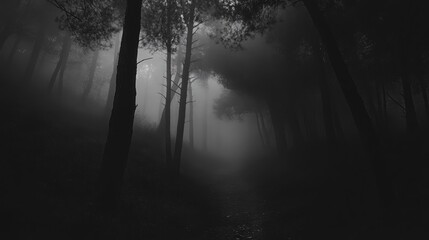Fototapeta premium Mysterious and eerie ambiance in a shadowy forest shrouded in dense fog on an overcast day