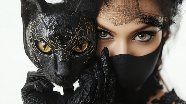 Mysterious woman in black cat costume with intricate mask for halloween elegance