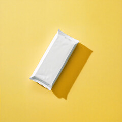 White blank snack bar packaging lying on yellow background