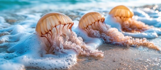 Obraz premium Jellyfish With White Foam Blue Ocean Waves On Tropical Summer Sand Beach
