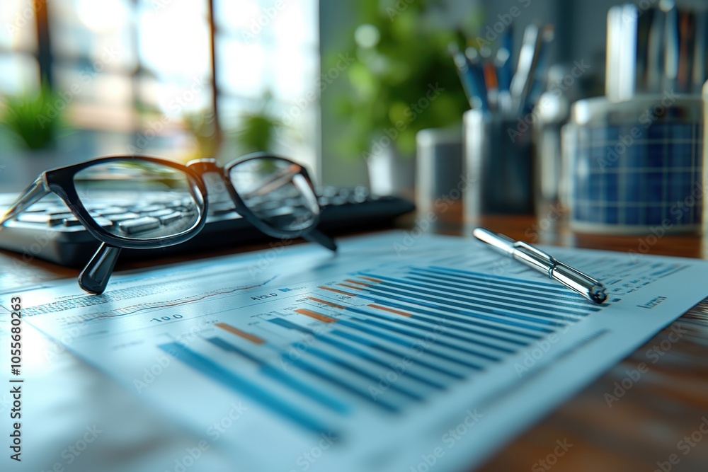 Poster analyzing financial data with a calculator and glasses in a modern workspace during daytime