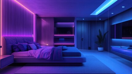 Futuristic teen bedroom at night featuring neon lights Contemporary interior with a cozy design in blue and purple tones ideal for a modern living space