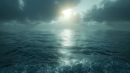 Fototapeta premium A vast expanse of dark blue ocean water with a cloudy sky and the sun shining through the clouds.