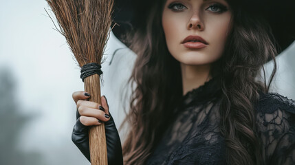 Mysterious woman in witch costume holding broomstick for halloween magic and enchantment