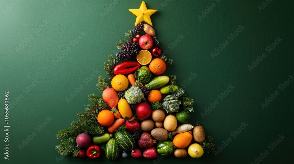 Poster assorted vegetables and fruits arranged in a triangle shape resembling a christmas tree set against 