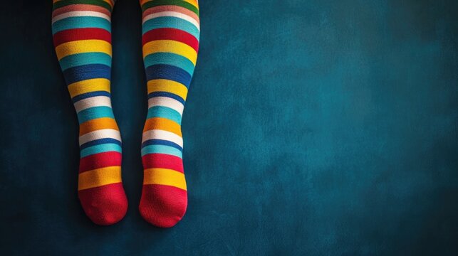 Legs adorned with striped socks against a backdrop featuring ample copy space Concept of Down syndrome awareness and celebration - Powered by Adobe