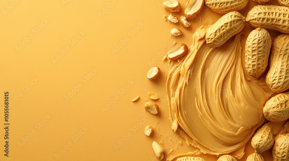 Poster peanut butter backdrop featuring empty space accompanied by peanuts