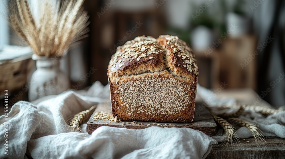Poster homemade multi grain loaf on a wooden table decorated with seeds and surrounded by wheat straws and 