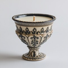 A scented candle in a decorative holder on a white background.