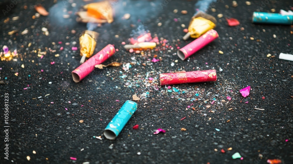 Poster spent fireworks and firecrackers scattered on asphalt showcasing the remnants of pyrotechnic display
