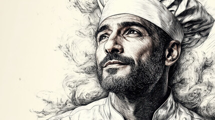 Fototapeta premium Portrait of chef in hat - culinary art sketching
