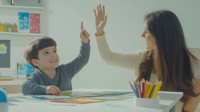 A young teacher or doctor teaching to a little boy with autistic disorder. autism awareness, ABA development therapy, spectrum disorder concept. 