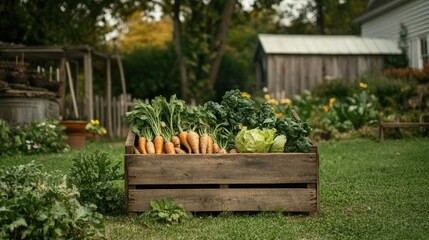 A farmer showcases a wooden box filled with seasonal organic vegetables and roots set against a rustic backyard backdrop