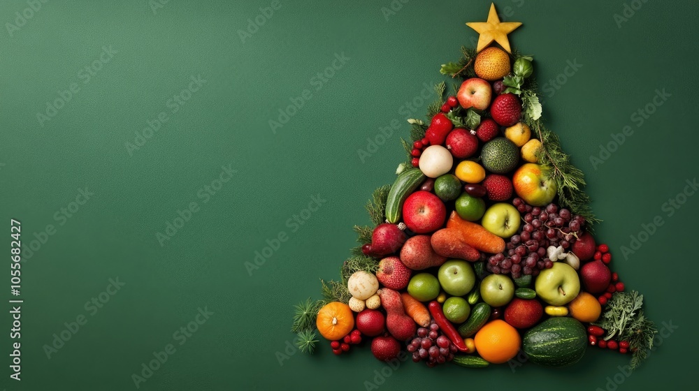 Poster assorted vegetables and fruits arranged in a triangle shape resembling a christmas tree set against 