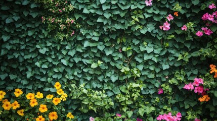 Wall adorned with lush ivy and blooming flowers providing a natural outdoor backdrop