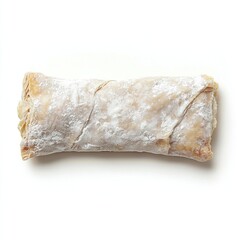 Apple strudel with powdered sugar on white background.