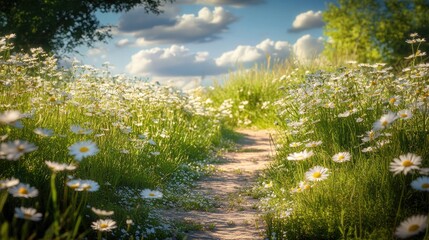 Obraz premium A tranquil pathway through a vibrant meadow filled with wild daisies showcasing the beauty of spring and summer in a sunny countryside setting