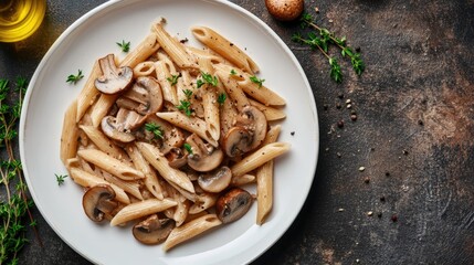 Whole grain penne pasta with sauteed mushrooms and thyme served on a white plate A delightful backdrop for healthy vegetarian cuisine