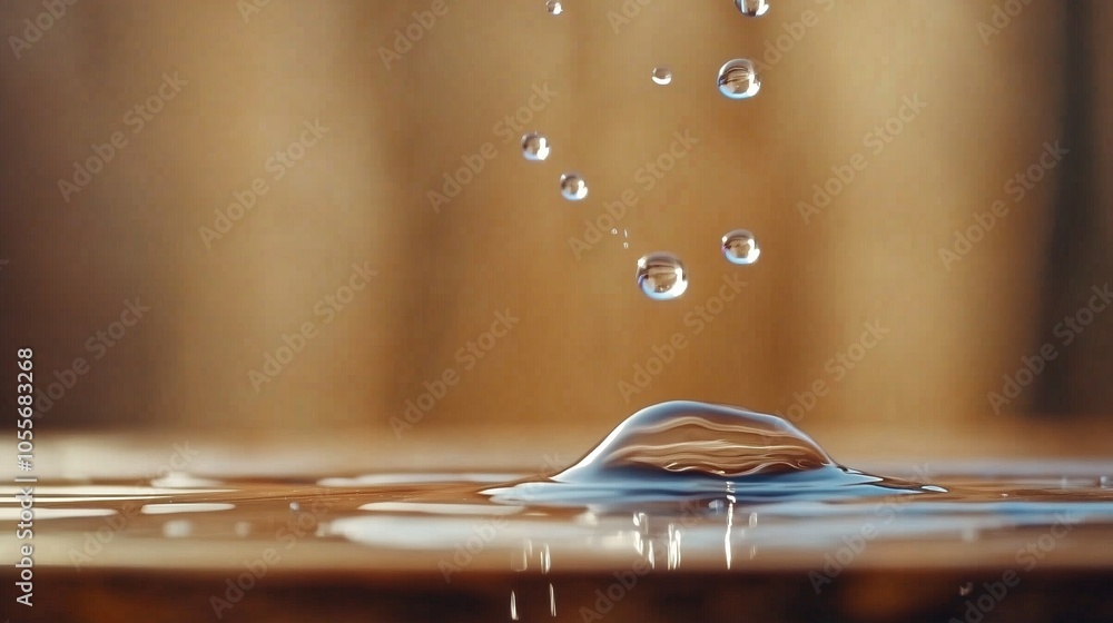 Aufkleber water droplets falling onto a serene surface, creating ripples and reflections in a soft-lit environ