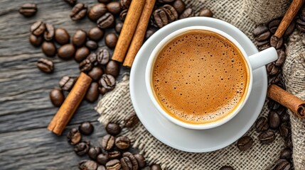 Fototapeta premium Top view of coffee and saucer on a wooden background, with blank space for text