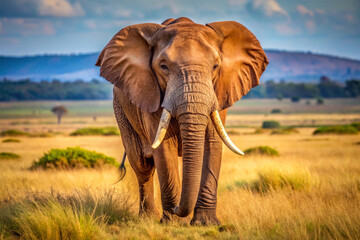 Naklejka premium Large African elephant walking gracefully, ears flared, against open savannah landscape.
