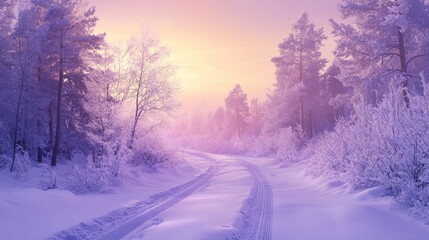 Winter panorama banner featuring a snow covered forest trees and road at sunrise A serene winter morning landscape showcasing a purple hue perfect for New Year and Christmas themes